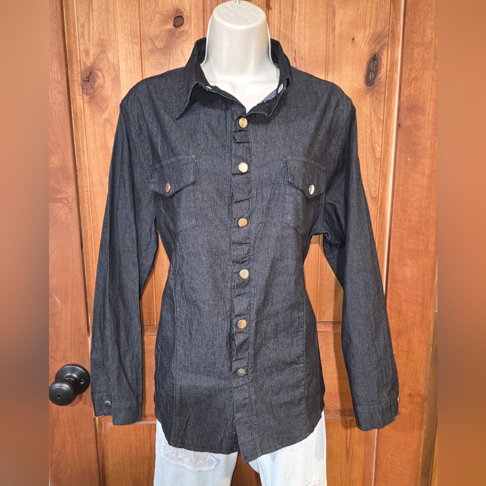Women's Black Snap Front Denim Shirt - Classic Collar